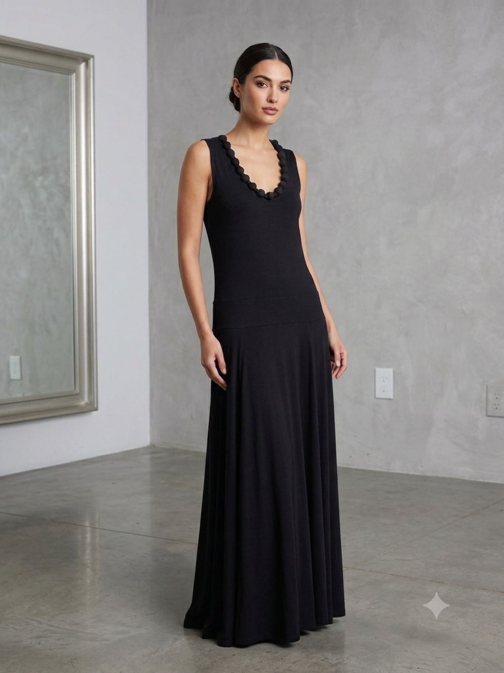 Josephine Chaus Beaded Neckline Black Minimalist Maxi Dress XL.